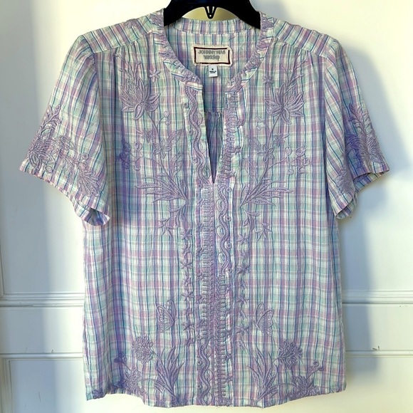 Johnny Was Malo Puff Sleeve Blouse Lilac Embroidered Plaid Bird Floral Small - Picture 3 of 13